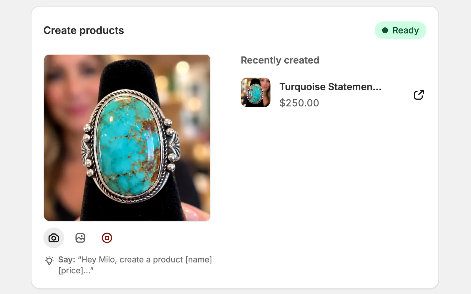 The Create products card: a ring in the camera preview and the new product with its photo, title and price under Recently created.